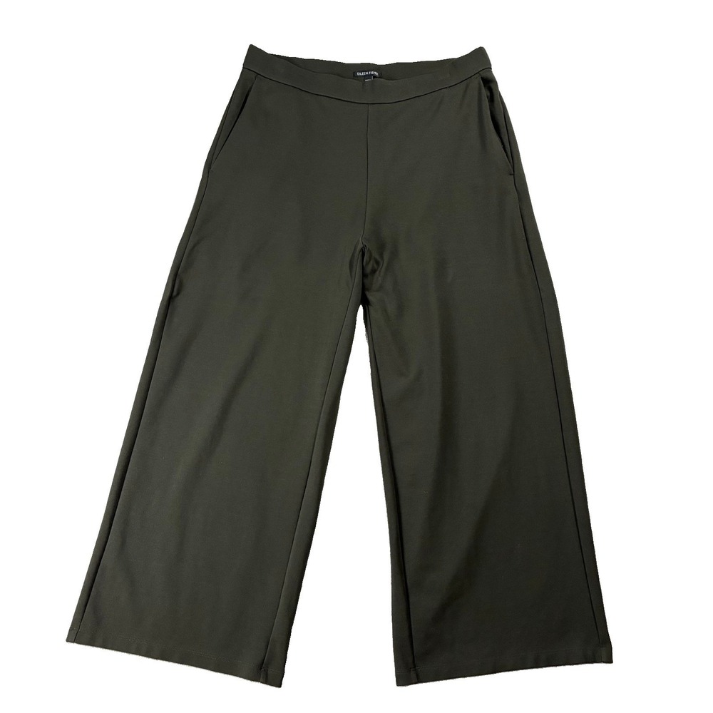 Eileen Fisher Wide Leg Ponte Knit Cropped Pull-On Pant Olive Green Womens M